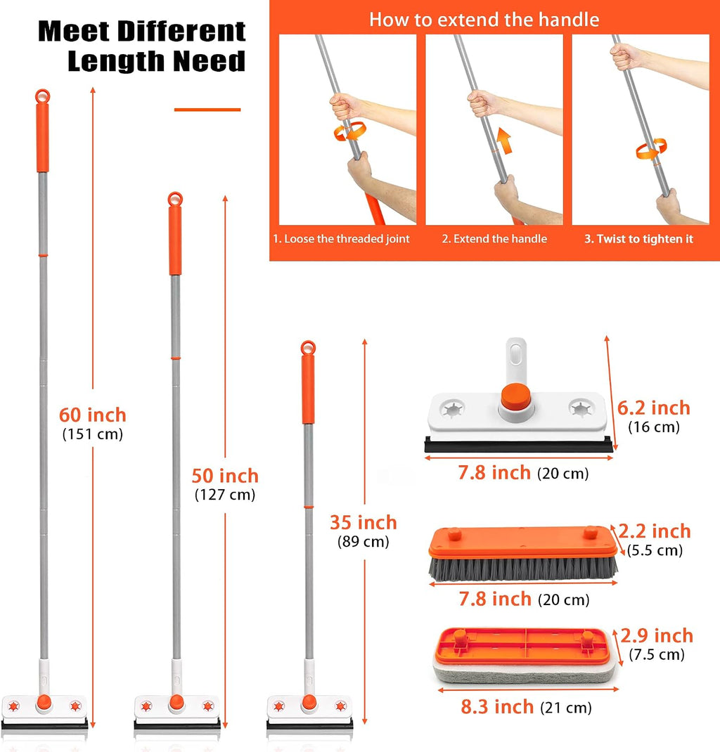 Floor Scrub Brush with Long Handle, 3-In-1 Rotating Scrubber with Squeegee | 60" Telescopic Floor Scrubber with 2 Detachable Heads for Cleaning Shower Bathroom Kitchen Deck Bathtub Tile Patio Garage