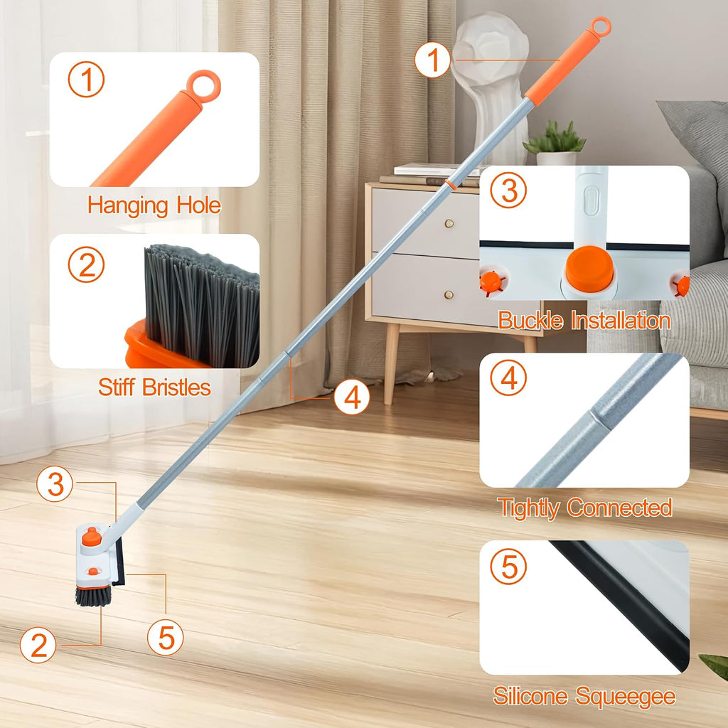 Floor Scrub Brush with Long Handle, 3-In-1 Rotating Scrubber with Squeegee | 60" Telescopic Floor Scrubber with 2 Detachable Heads for Cleaning Shower Bathroom Kitchen Deck Bathtub Tile Patio Garage