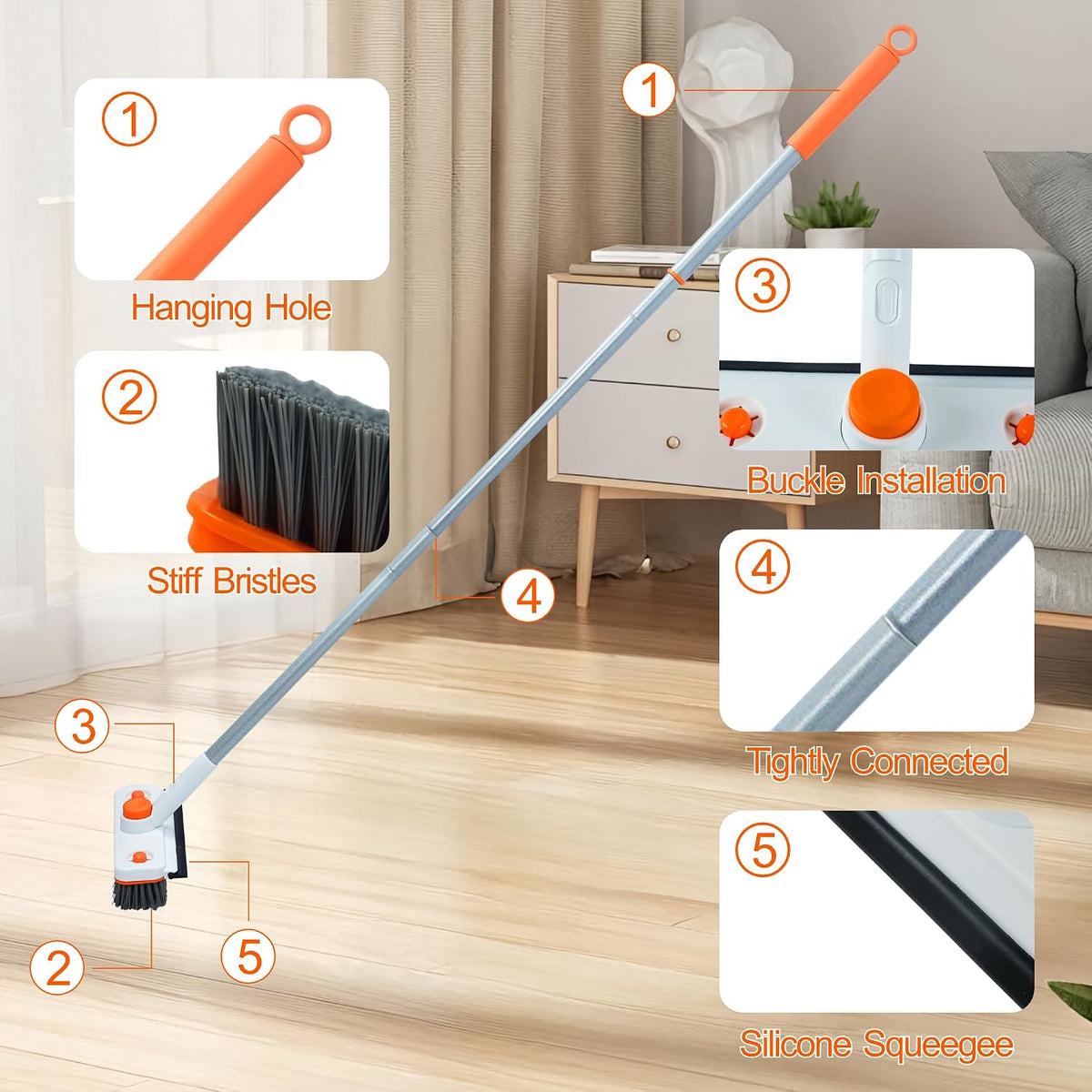 Floor Scrub Brush with Long Handle, 3-In-1 Rotating Scrubber with Squeegee | 60" Telescopic Floor Scrubber with 2 Detachable Heads for Cleaning Shower Bathroom Kitchen Deck Bathtub Tile Patio Garage