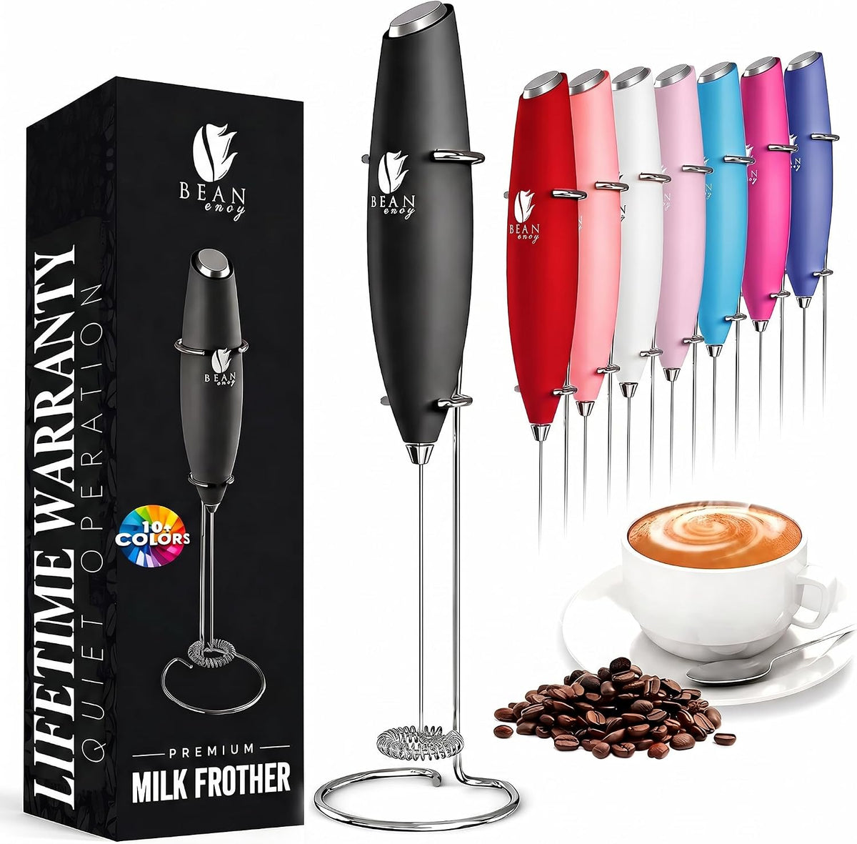 Milk Frother Handheld - Coffee Mixer Wand with Stand - Black