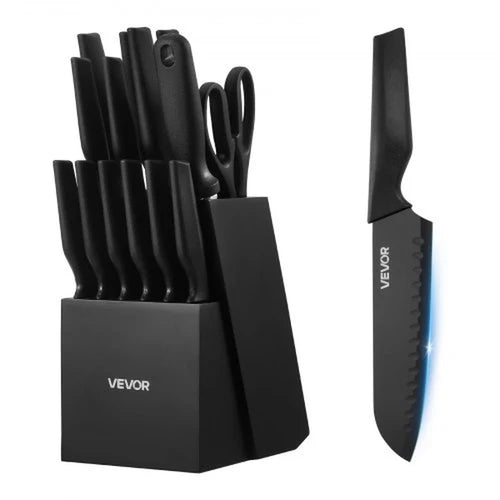 Kitchen Knife Set with Block and Sharpener, 15 Piece German High Carbon Stainless Steel Knife Set, Kitchen Cutlery with PP Ergonomic Handle, Sharpening Rod and Wooden Block, for Home Cooks