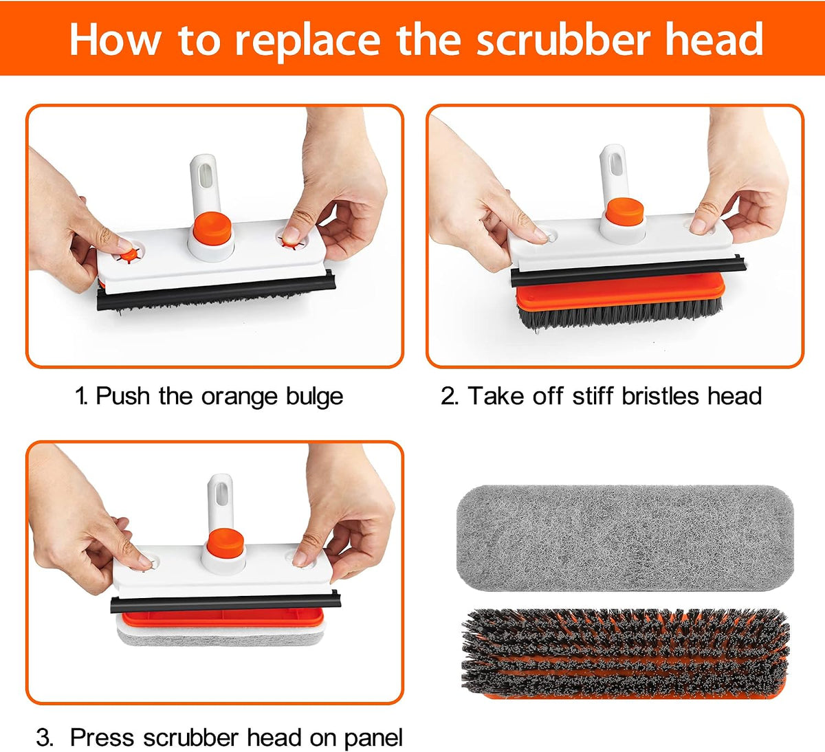 Floor Scrub Brush with Long Handle, 3-In-1 Rotating Scrubber with Squeegee | 60" Telescopic Floor Scrubber with 2 Detachable Heads for Cleaning Shower Bathroom Kitchen Deck Bathtub Tile Patio Garage