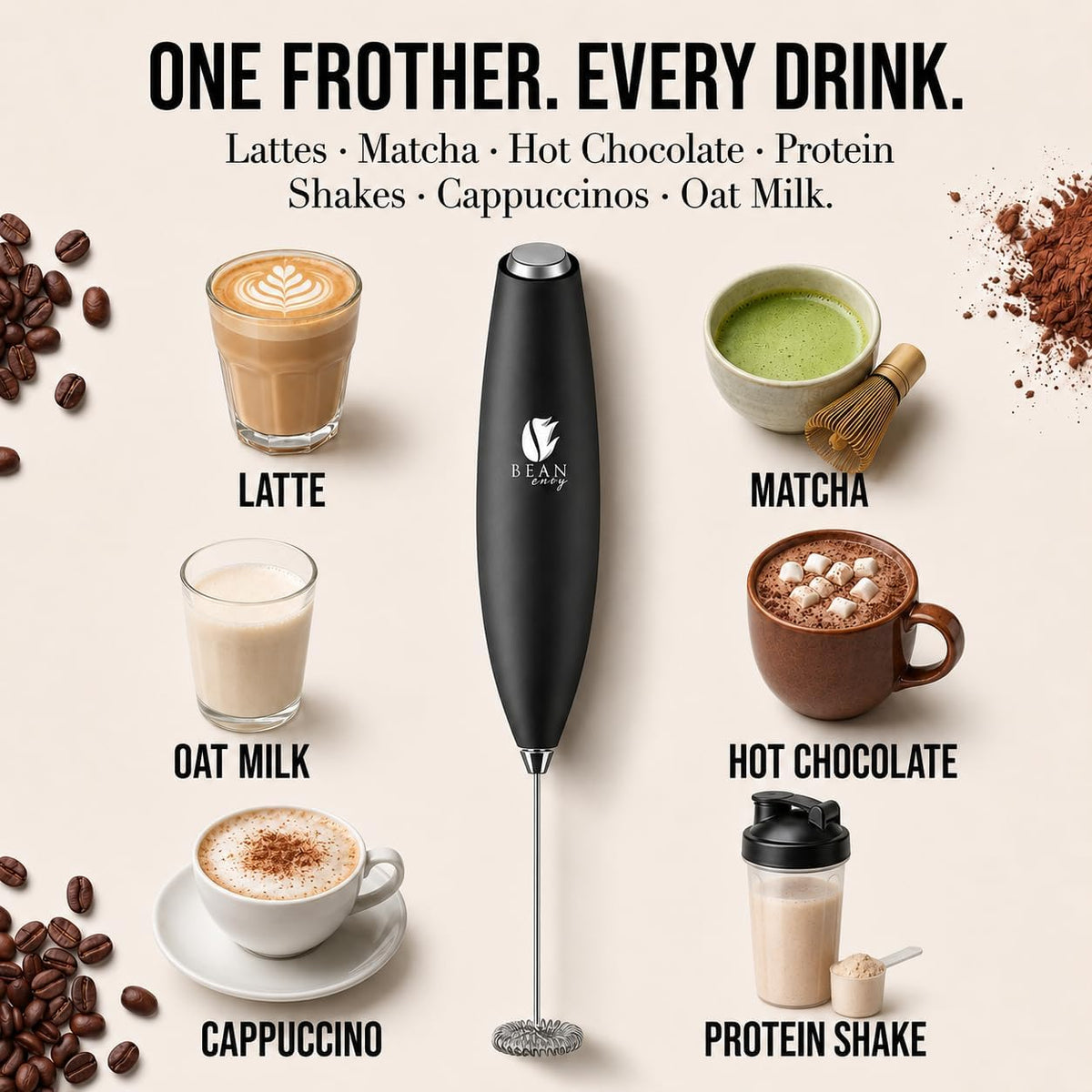 Milk Frother Handheld - Coffee Mixer Wand with Stand - Black