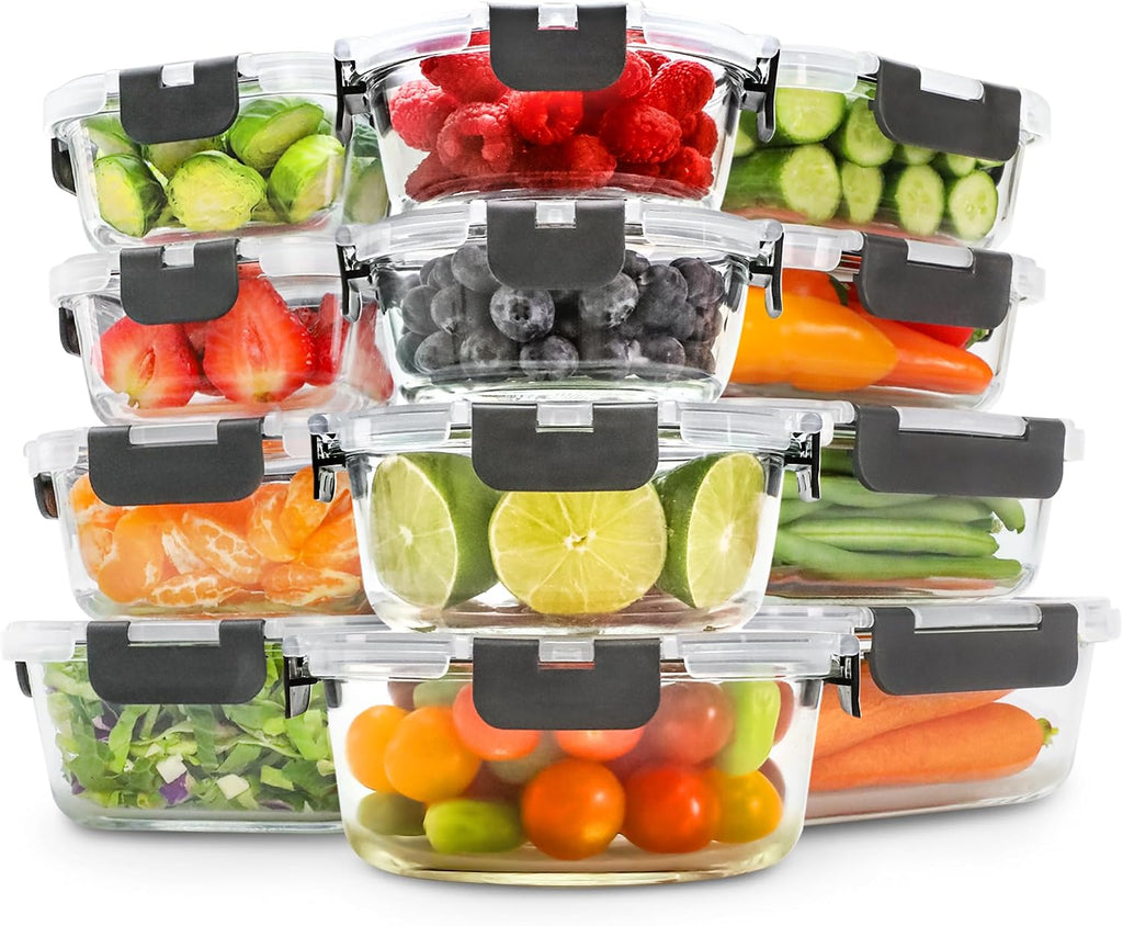Glass Storage Containers with Lids, 24 Pieces, 12 Containers with 12 Lids, Glass Meal Prep Container for Lunch, Food Storage Containers, Leak Proof, Freezer Safe, Gray