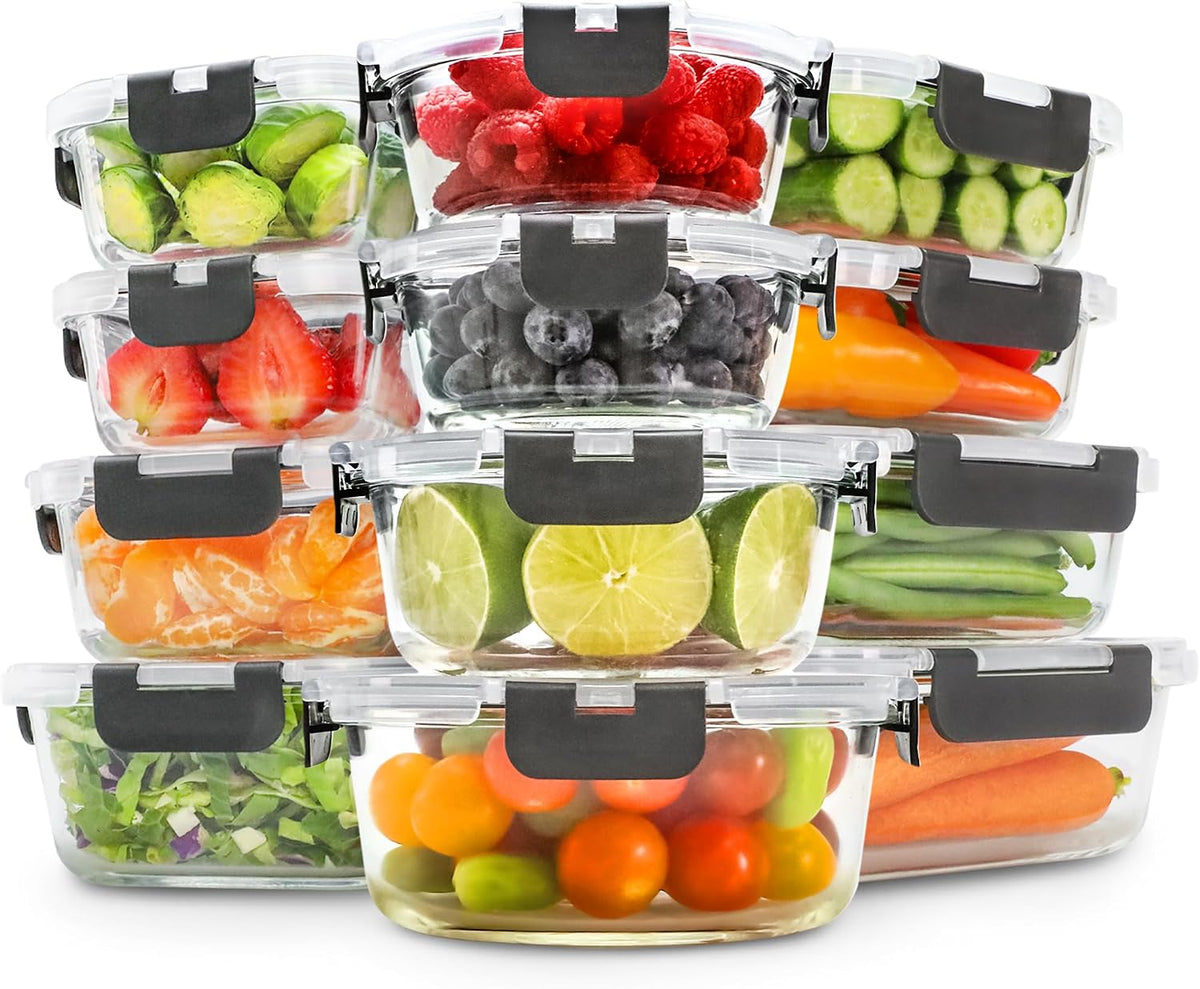 Glass Storage Containers with Lids, 24 Pieces, 12 Containers with 12 Lids, Glass Meal Prep Container for Lunch, Food Storage Containers, Leak Proof, Freezer Safe, Gray