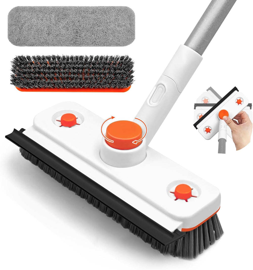 Floor Scrub Brush with Long Handle, 3-In-1 Rotating Scrubber with Squeegee | 60" Telescopic Floor Scrubber with 2 Detachable Heads for Cleaning Shower Bathroom Kitchen Deck Bathtub Tile Patio Garage