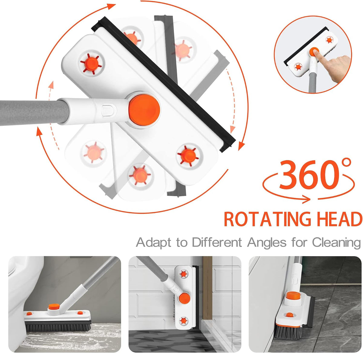 Floor Scrub Brush with Long Handle, 3-In-1 Rotating Scrubber with Squeegee | 60" Telescopic Floor Scrubber with 2 Detachable Heads for Cleaning Shower Bathroom Kitchen Deck Bathtub Tile Patio Garage