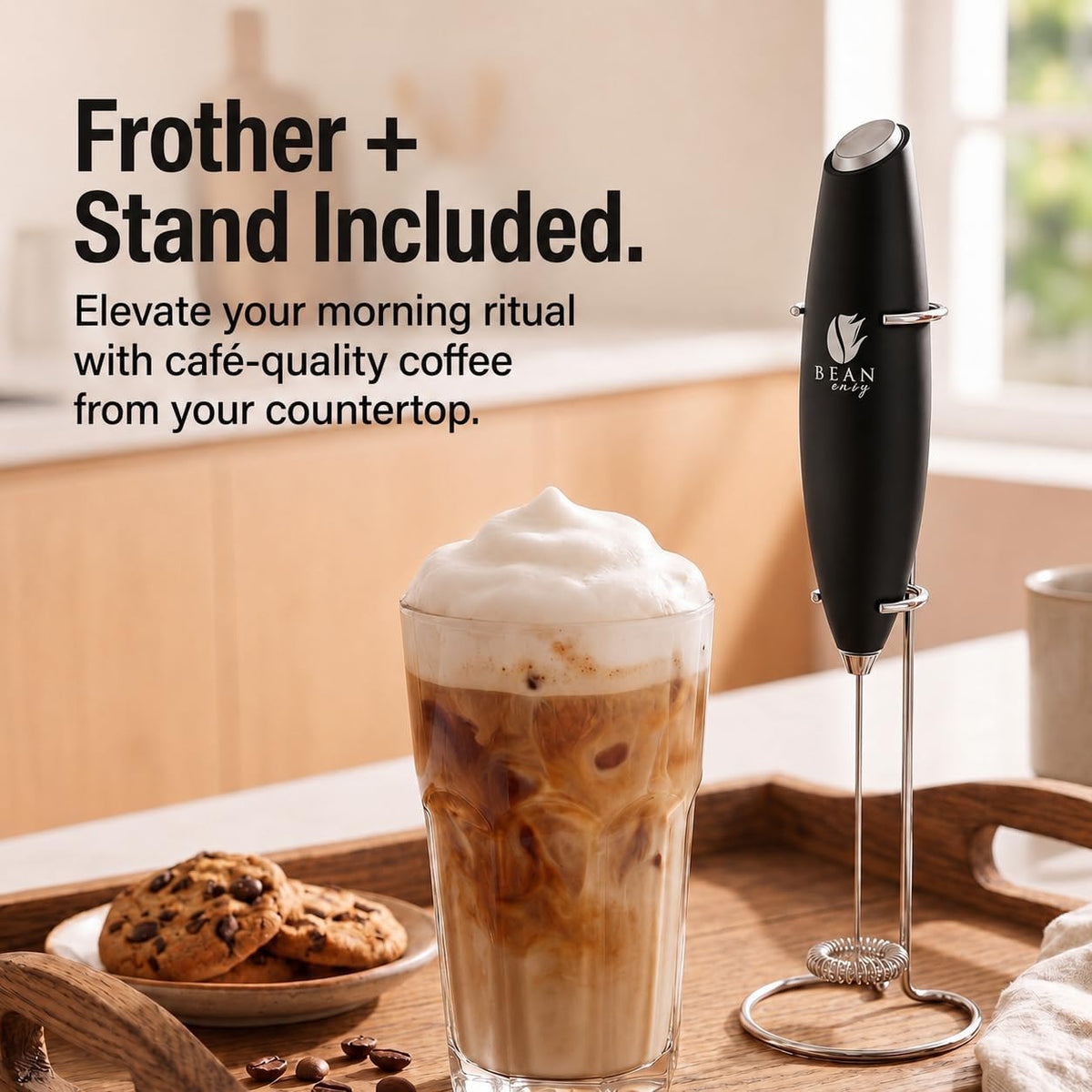 Milk Frother Handheld - Coffee Mixer Wand with Stand - Black