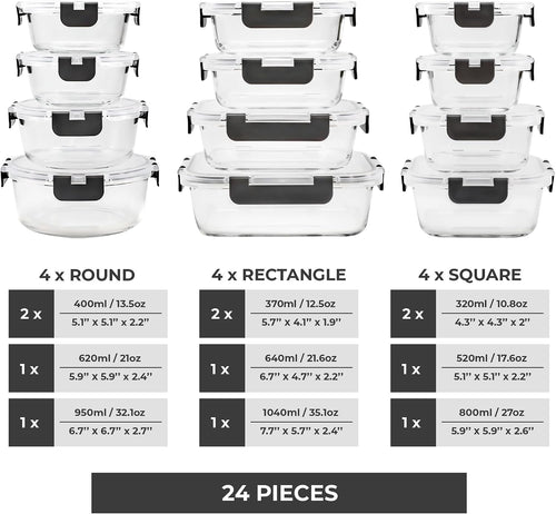 Glass Storage Containers with Lids, 24 Pieces, 12 Containers with 12 Lids, Glass Meal Prep Container for Lunch, Food Storage Containers, Leak Proof, Freezer Safe, Gray